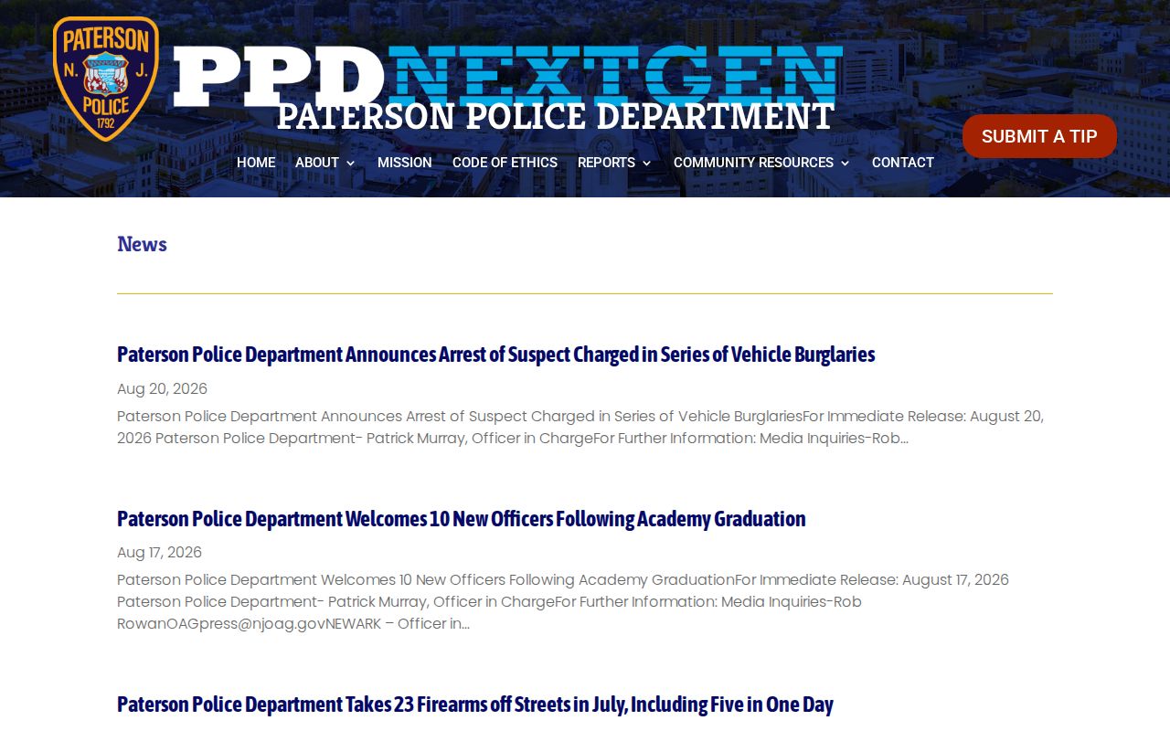 Paterson Police Department official arrest news listing for Passaic County